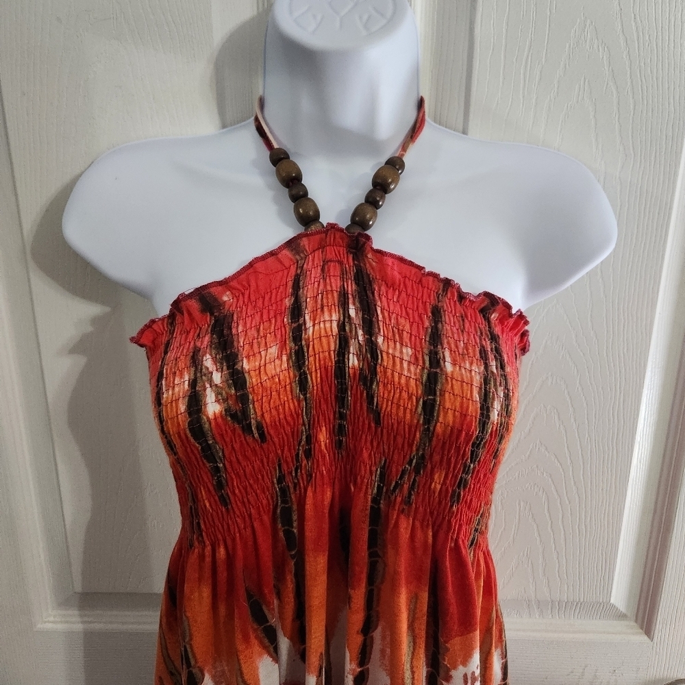 Tie dye smocked maxi dress ruffle hippie boho festival beachy resort colorful LG - Picture 2 of 12